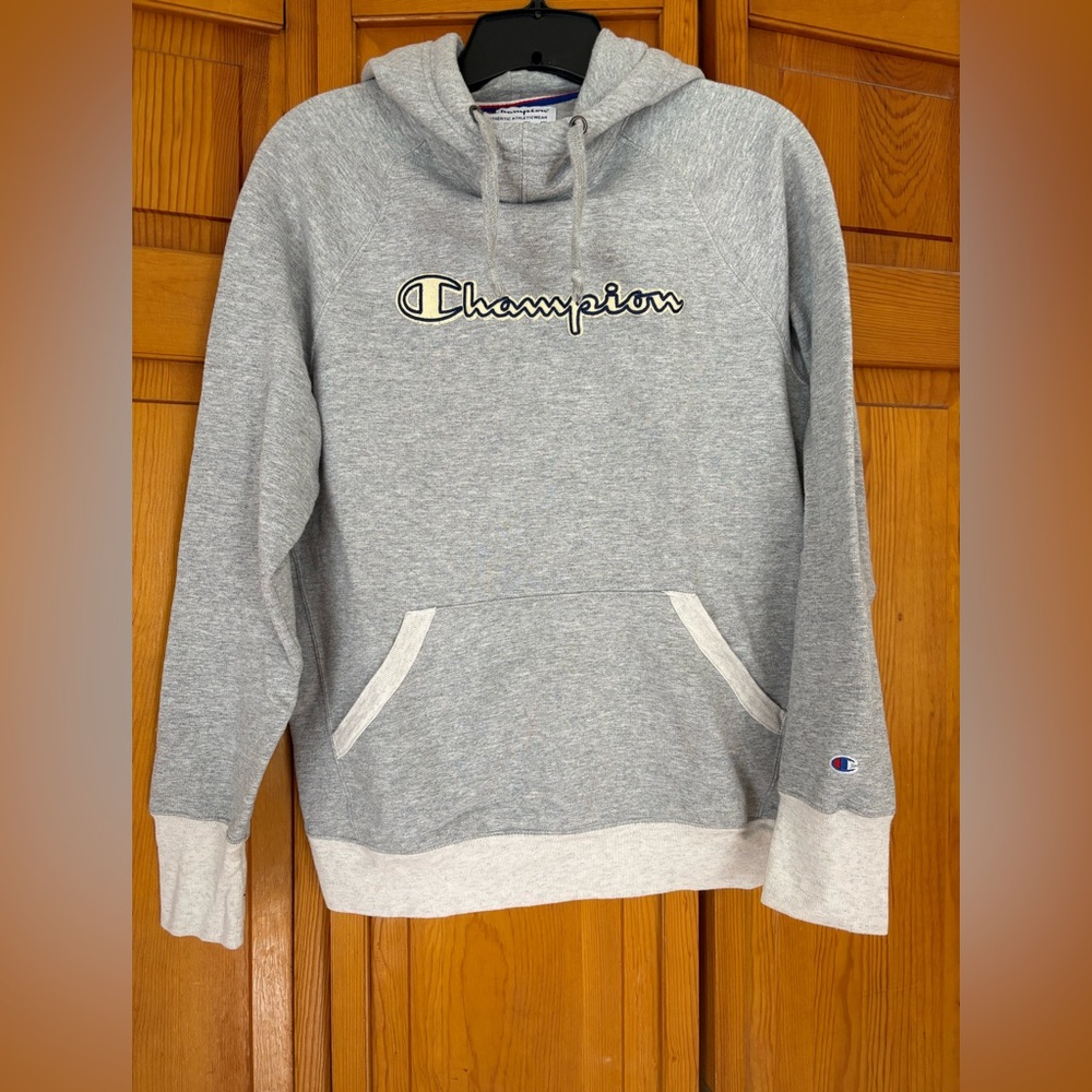 Champion Heather Gray Pullover Hoodie with Chest Script Logo